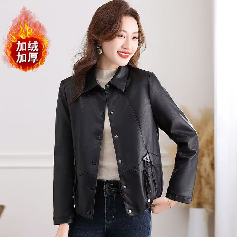 工厂直销加绒加厚皮衣外套女冬季新款修身显瘦百搭保暖洋气皮夹克