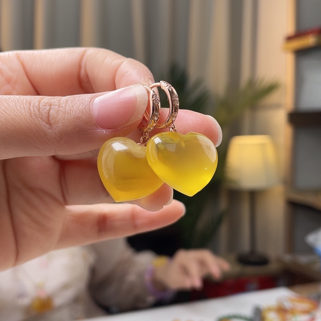 琥珀裸石银S925镀金镶嵌蜜蜡耳环