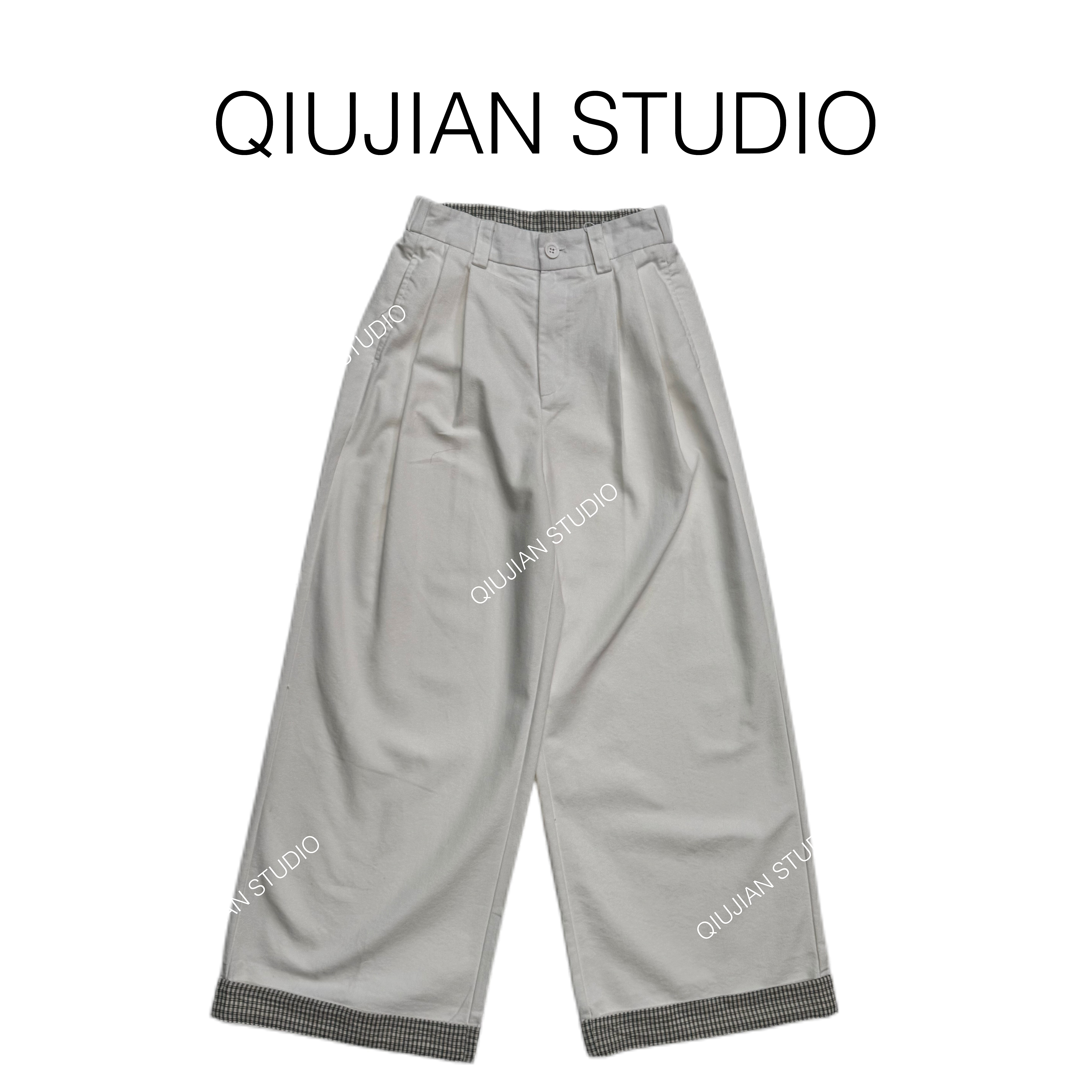 QIUJIAN【白栀茉莉】HB-DX-003日韩系拼接条纹翻卷边洗水棉阔腿裤