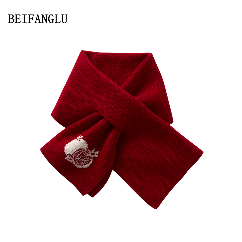 北方鹿【新年红石榴提花】100%绵羊毛 秋冬百搭交叉针织小围巾2845