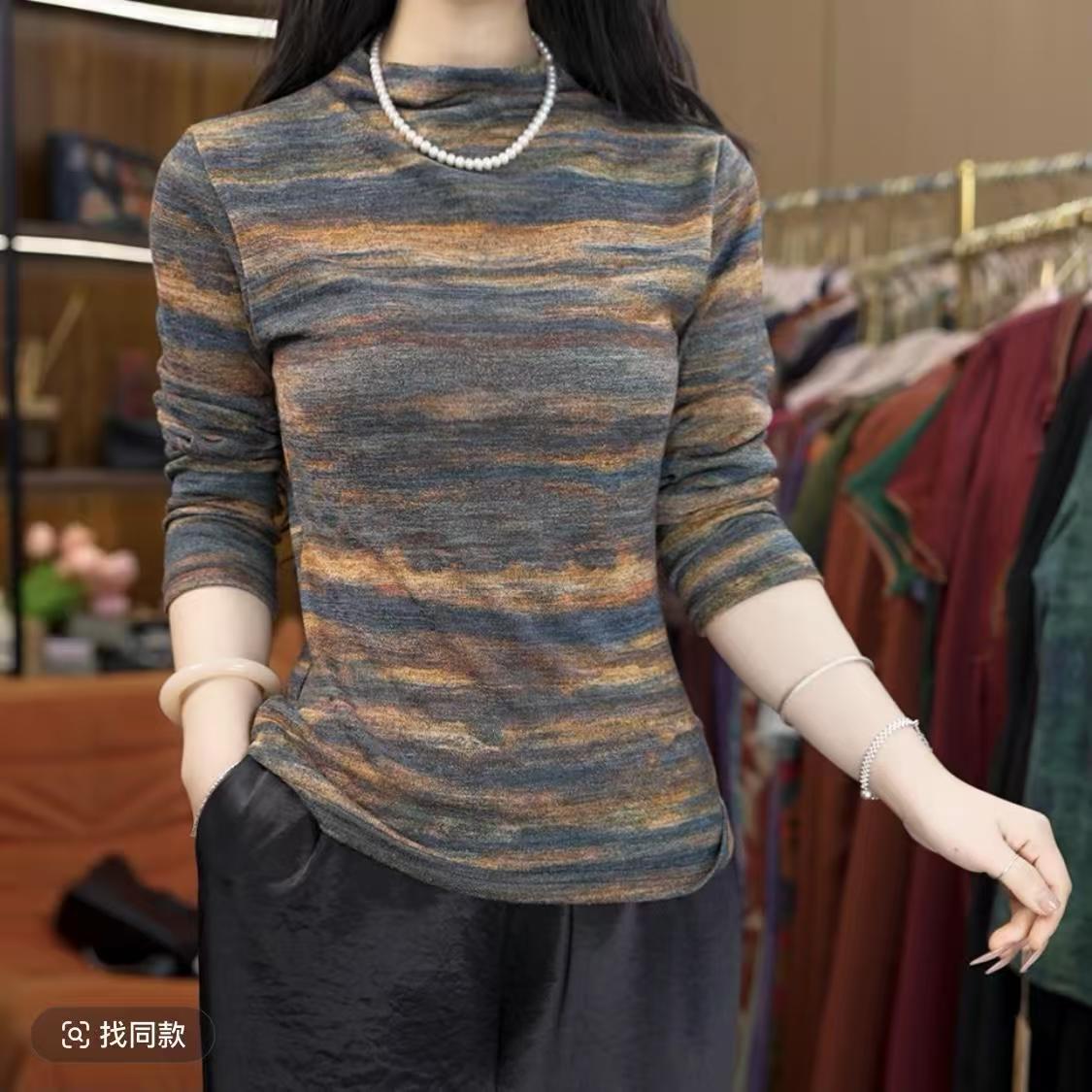 半高领双面德绒打底衫女秋冬款洋气内搭印花加绒加厚保暖长袖上衣