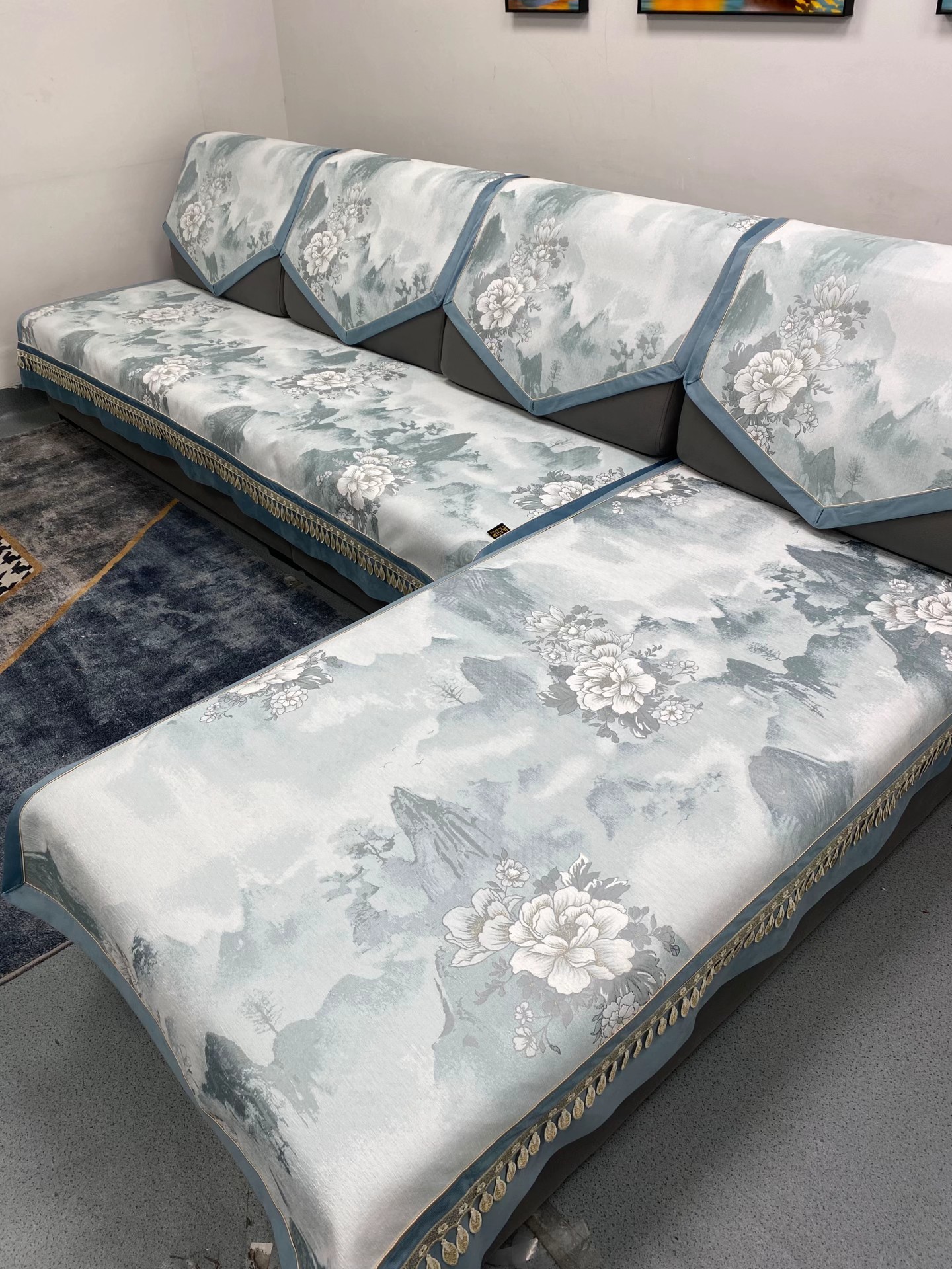 《山水牡丹》欧式沙发垫，防滑颗粒布艺四季通用轻奢简约垫子中式