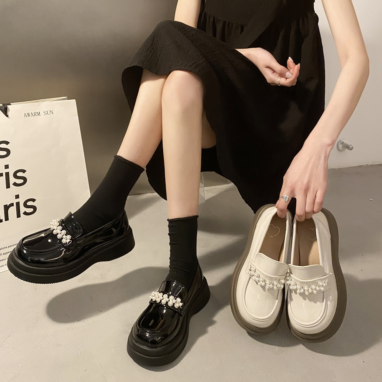 【知足】黑色厚底珍珠复古小皮鞋女2025新款秋英伦风乐福鞋法式百搭