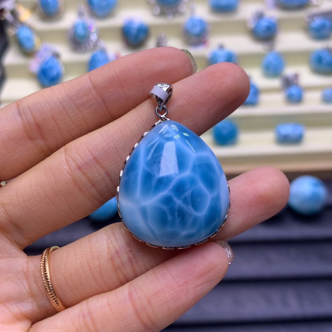 银S925镶嵌针钠钙石（海纹石）颈饰精品水滴29*25