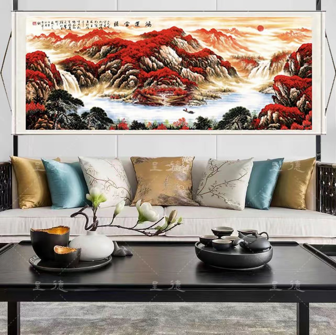 《八尺鸿运当头》带太阳260×80CM 横幅客厅沙发茶室办公室山水画