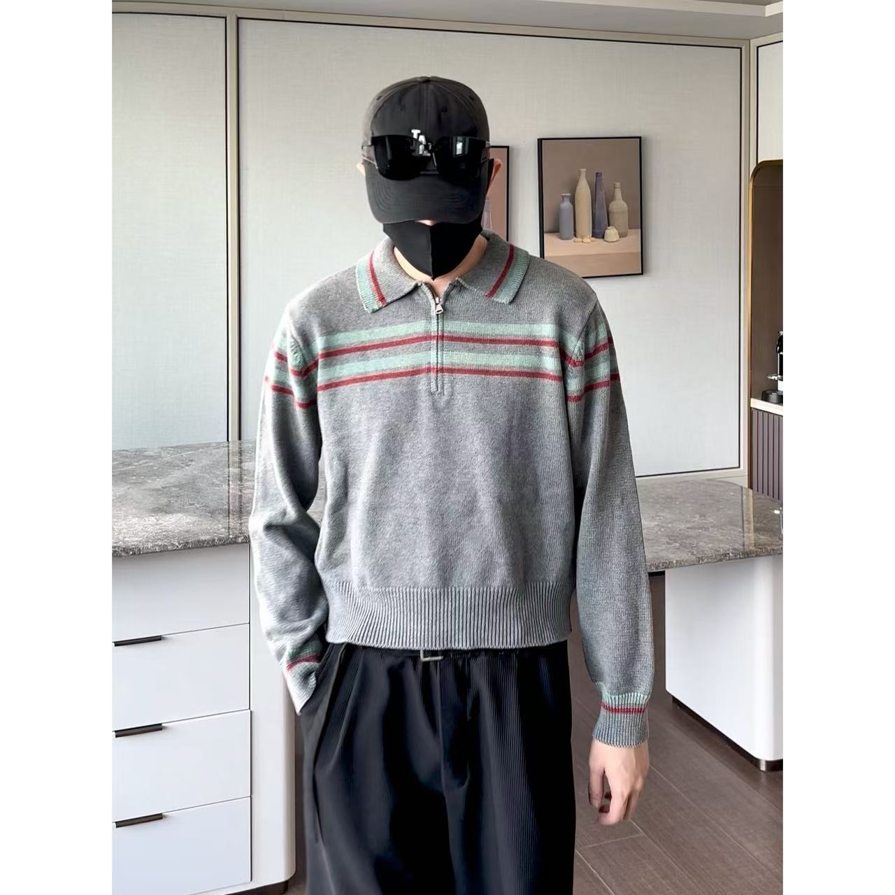 大圣圣 美式短款针织Polo衫条纹撞色翻领复古毛衣男TOP 72378