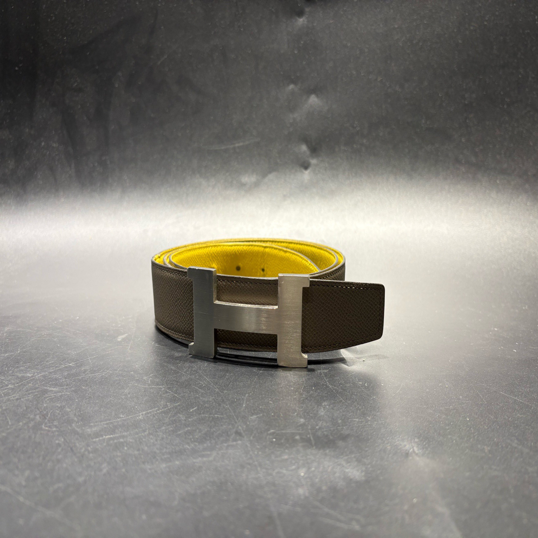 99新 Hermes/爱马仕 男士经典款，H拉丝银扣，棕色+黄色  5411