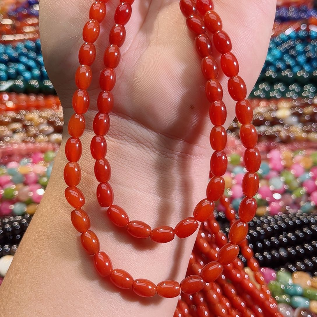 玛瑙/玉髓未镶嵌珠宝半成品A货红玛瑙米珠一条6x8mm