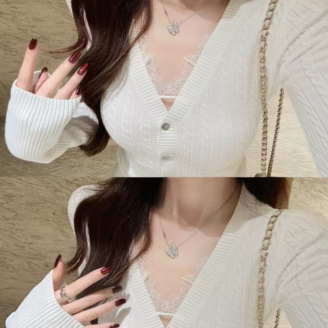 【洋洋同款】V领蕾丝拼接针织开衫女秋冬纯欲修身显瘦气质上衣