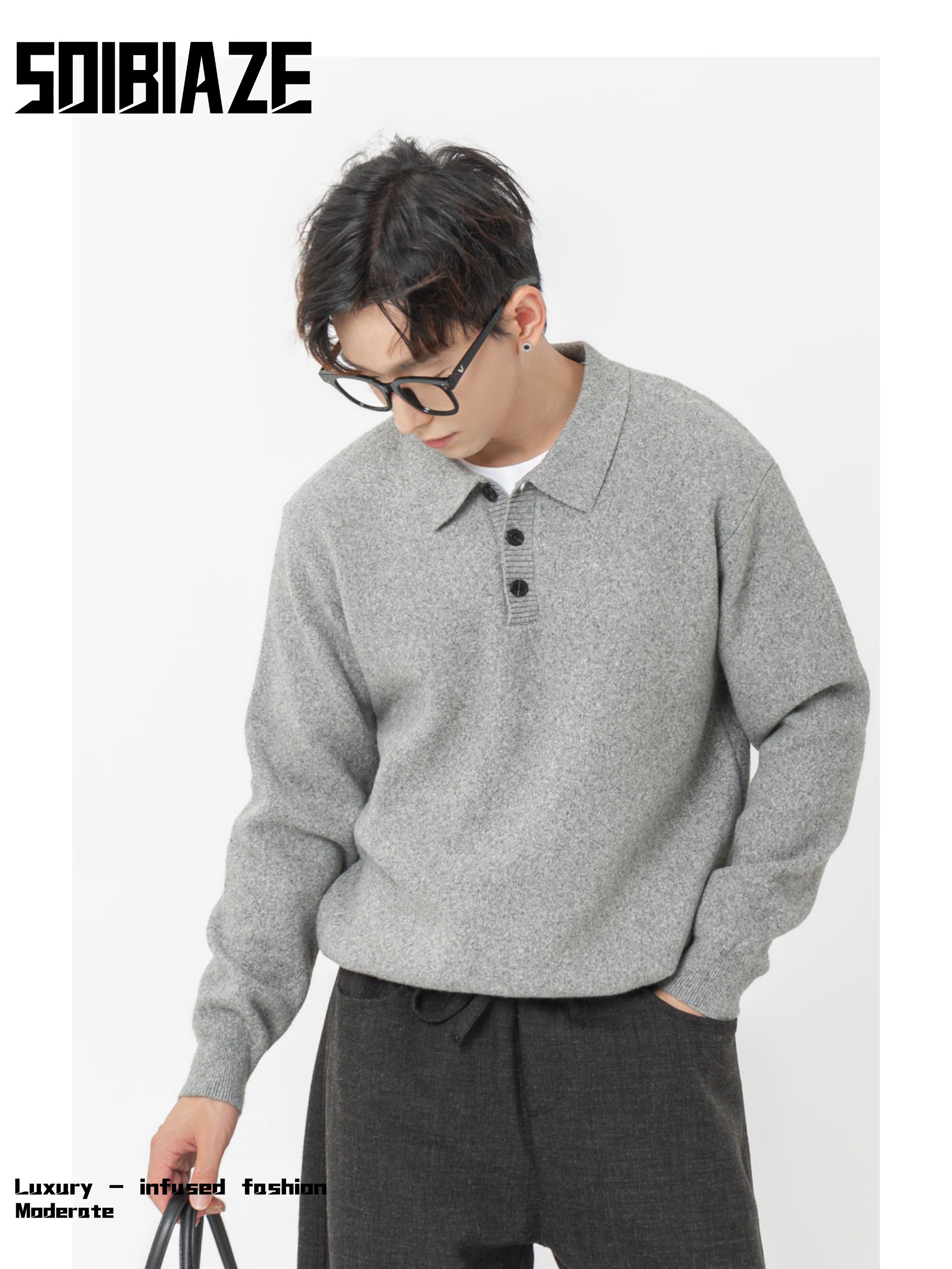 SO IBIAZE 秋季简约针织长袖毛衣宽松休闲百搭翻领衫男士上衣