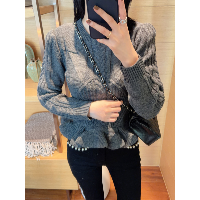 【张静芝】韩国新品~显瘦荷叶下摆收腰针织毛衣