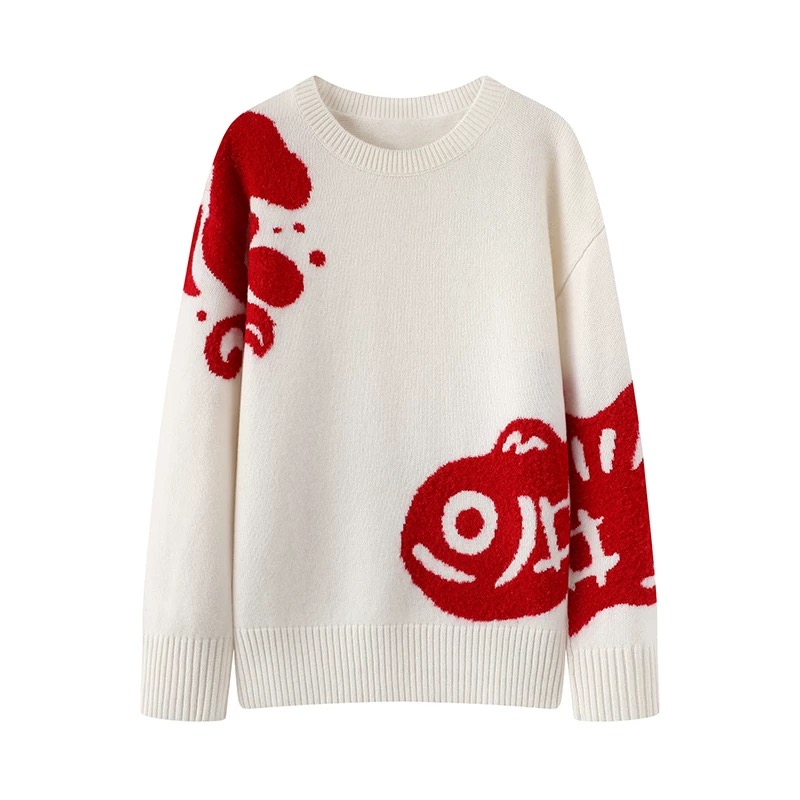 8996锦鲤鱼提花宽松百搭新年针织衫毛衣女2025春季新款针织上衣服