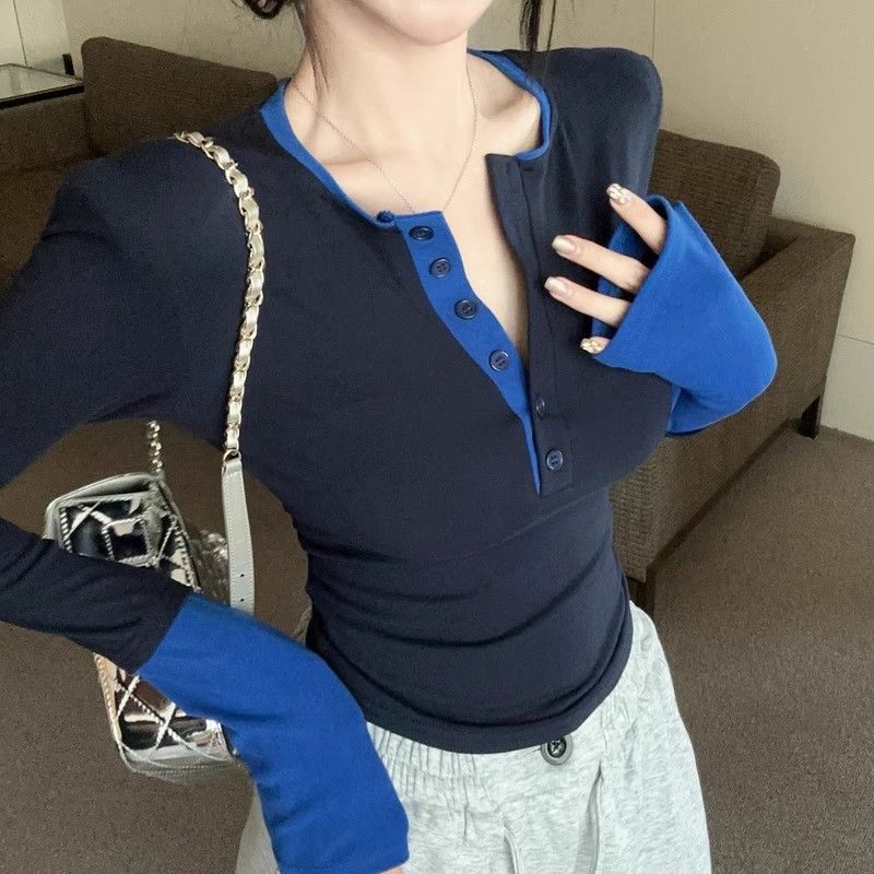 玖玖 小众撞色拼接长袖T恤女装早秋新款半开领修身显瘦设计感上衣