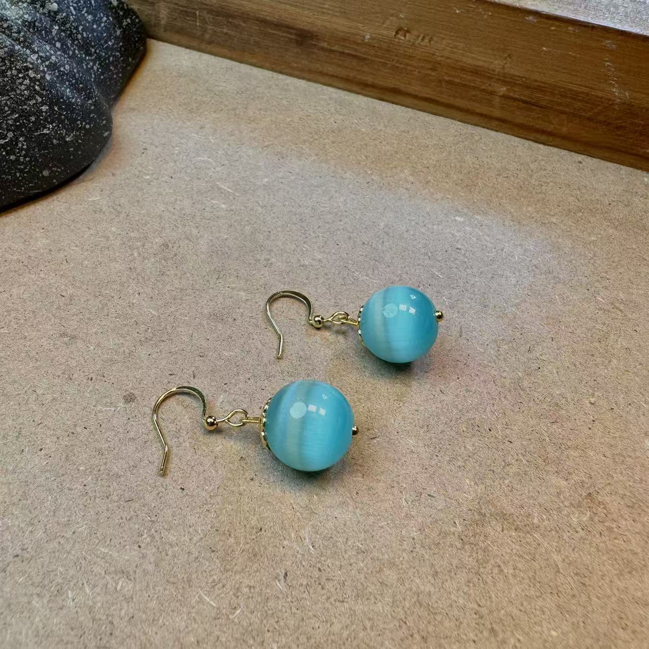 铜合金耳饰 D新中式【圣玛利亚】海蓝色猫眼耳饰PP082