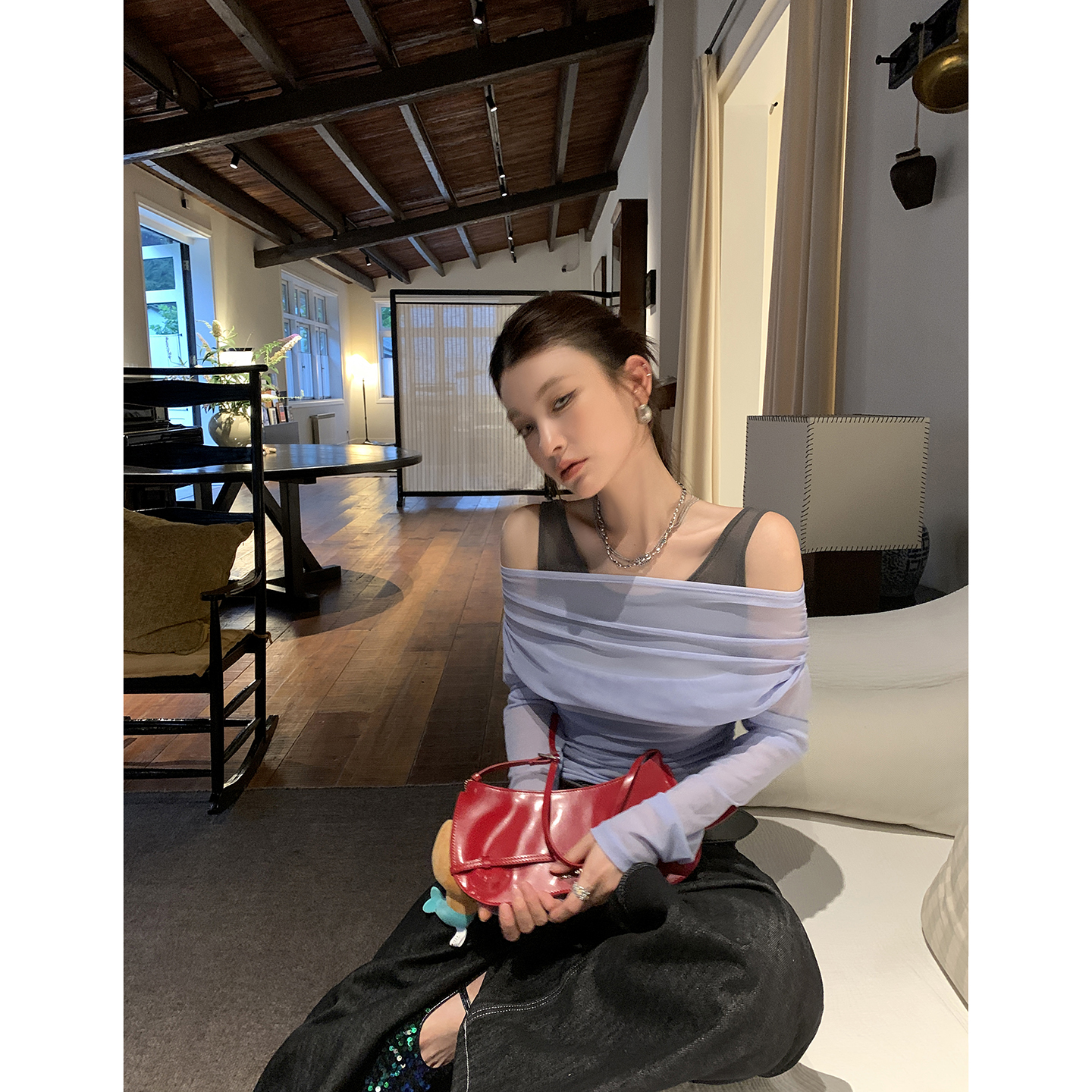 【月笼轻纱】假两件网纱一字肩T恤背心女4406