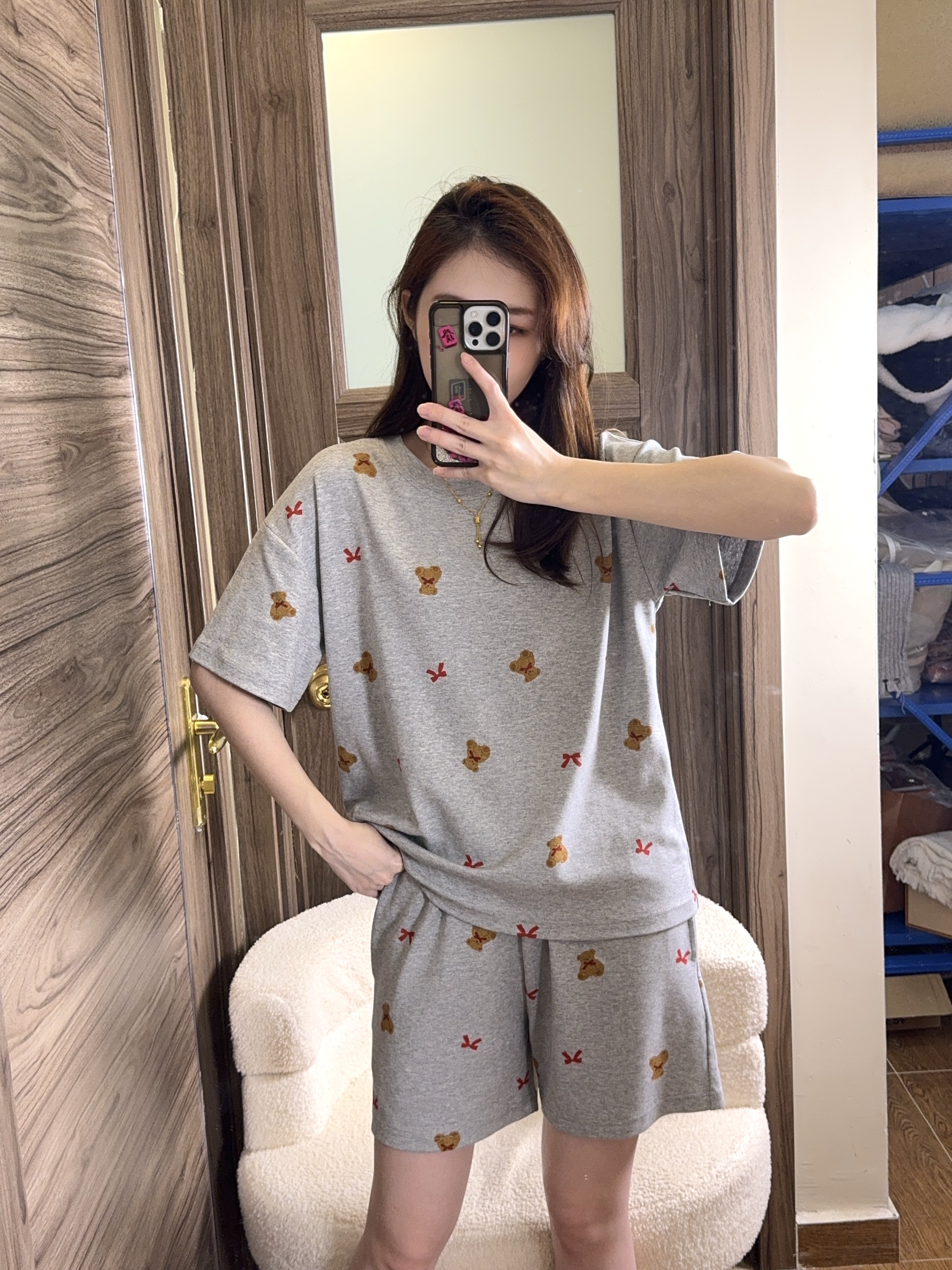 M夏季新款女士纯棉薄款睡衣短袖短裤 灰色蝴蝶结可外穿睡衣