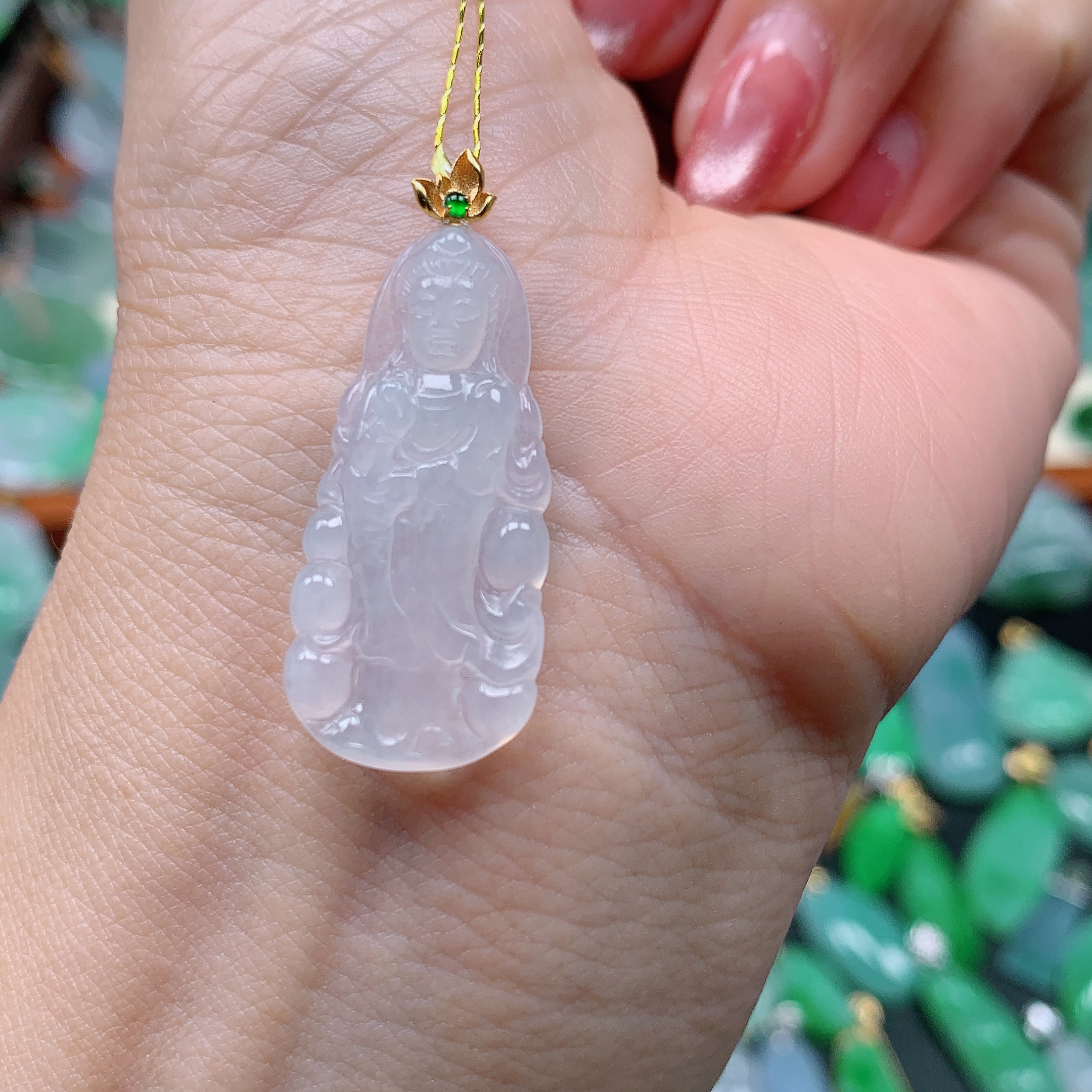 缅甸天然A货翡翠，冰种站观音 编号121/1228尺29.3-14.1-3