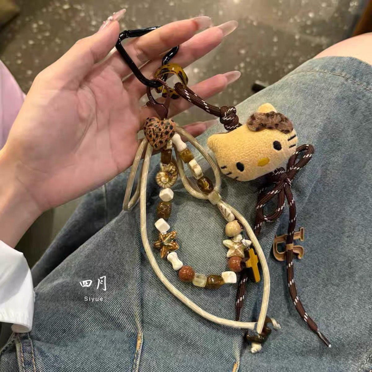 moumoustudio豹纹元素可爱猫咪包包挂件饰品炼条串珠挂饰超萌女