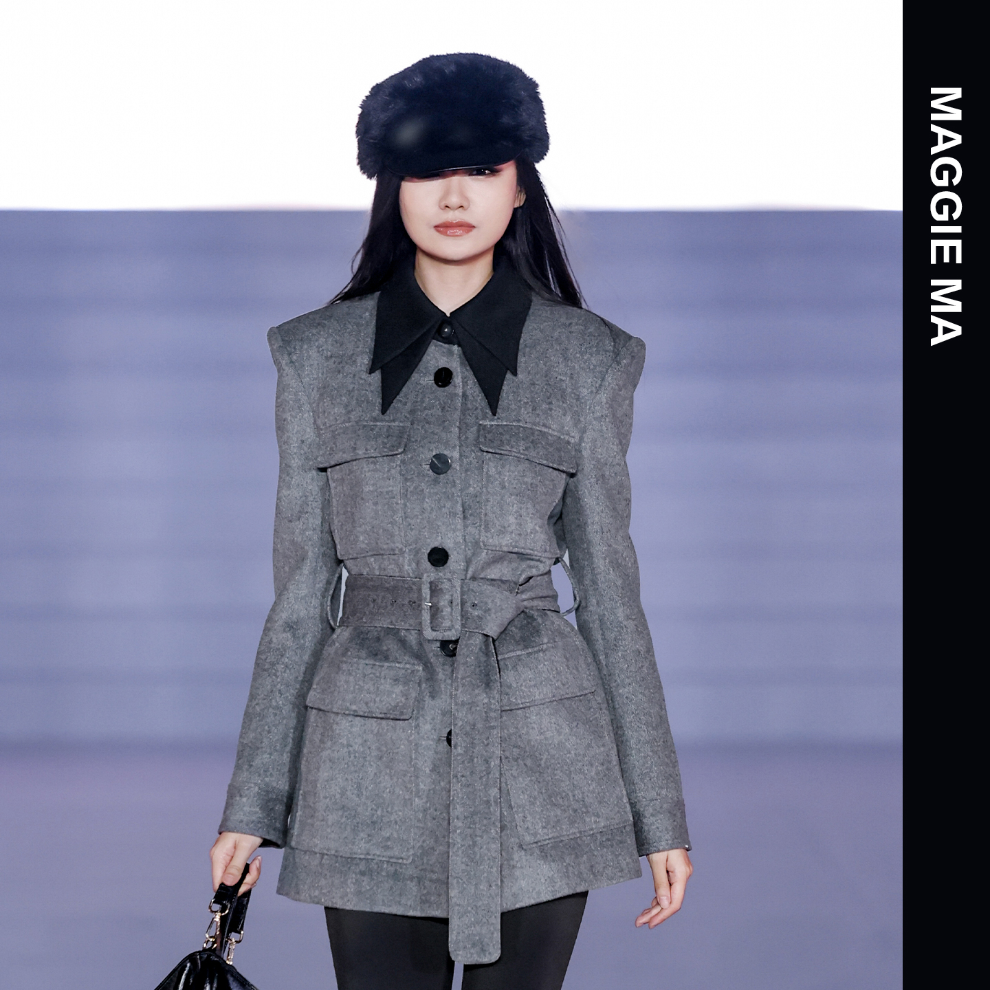 MAGGIE MA马婧设计师款灰色高雅气质腰带收腰外套716C