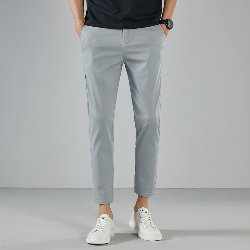 新款九分裤男秋季厚款棉质修身小脚裤男士百搭韩版纯色弹力休闲裤