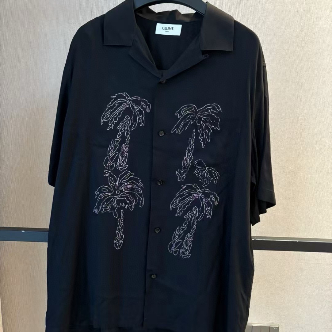 未使用 Celine/思琳 棕榈树刺绣单排扣短袖衬衫 男款 黑色