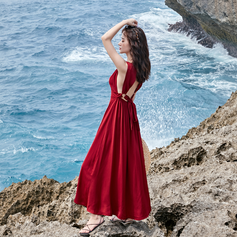 波西米亚度假连衣裙高级感露背海南三亚沙滩裙夏红色裙子【6002】