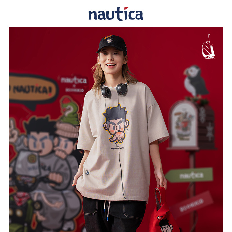 nautica白帆×爆尼膏日系中性宽松短袖百搭t恤BGTW5106