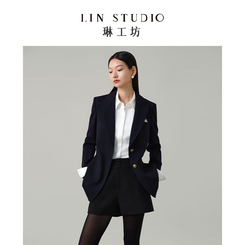 琳工坊“晚鸠”藏蓝色西服气质干练职场通勤显瘦时尚唐琳设计师