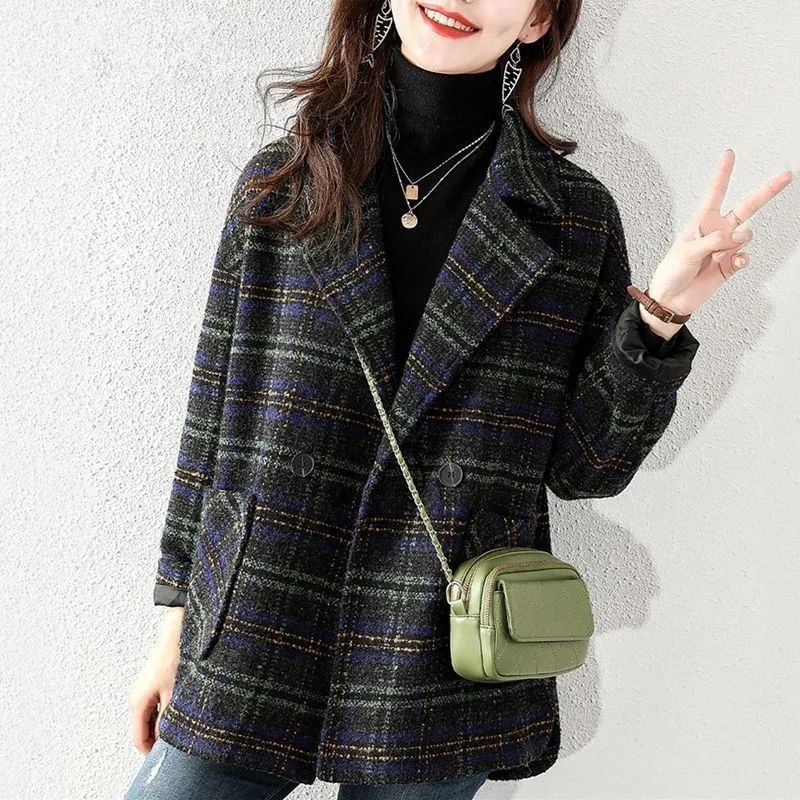 薄款新款格子西装毛呢外套2025秋冬女韩版宽松复古格纹毛呢大衣中