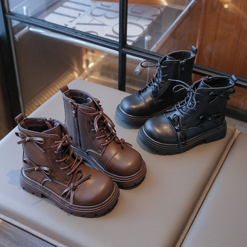 女童宝宝2025冬季新款加绒蝴蝶结侧拉链皮靴棉靴马丁靴英伦骑士靴