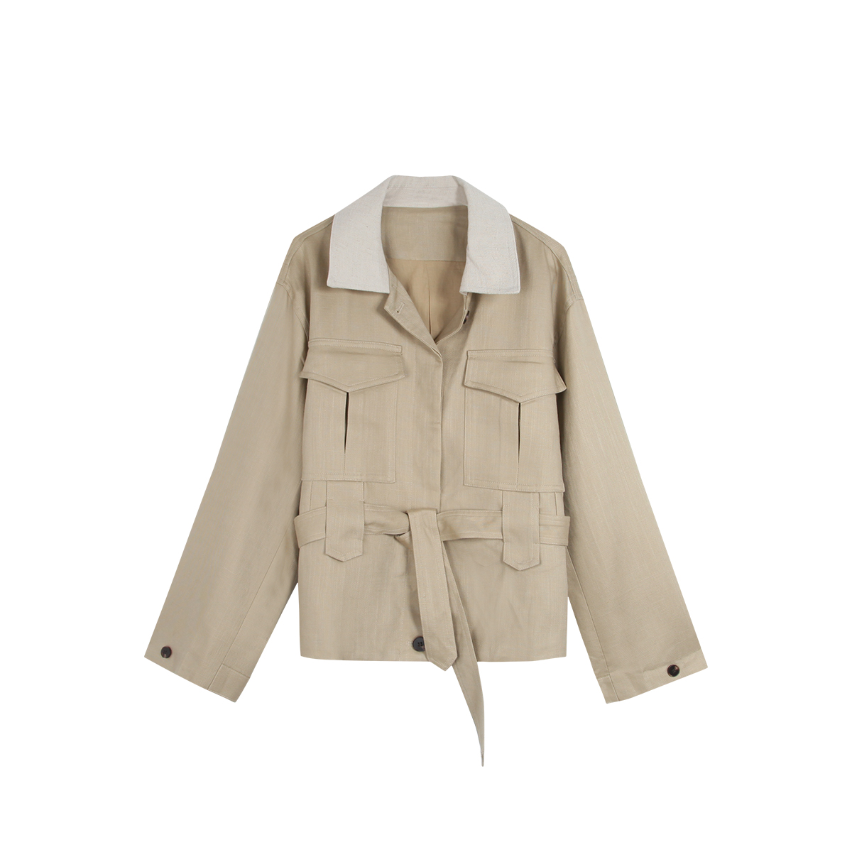 50502--25新款衬衫领系腰带亚麻休闲夹克3395