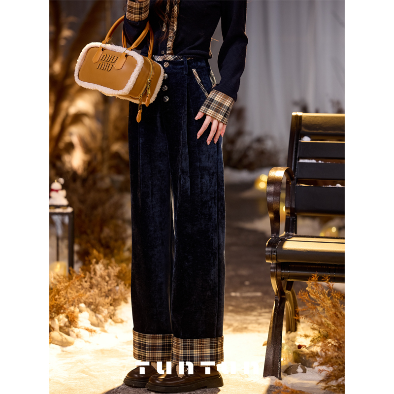 11月30号上新【中古格调 宝蓝】复古格纹拼接后腰松紧长裤