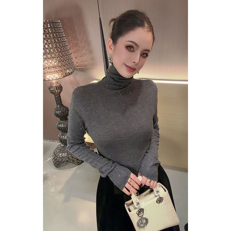 百搭高领满天星烫钻长袖针织亮晶晶纯色内搭毛衣女针织上衣K1-66