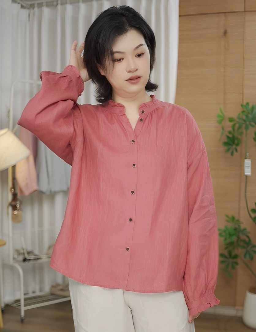 汉麻木耳边长袖衬衫复古气质纯色立领慵懒风亚麻