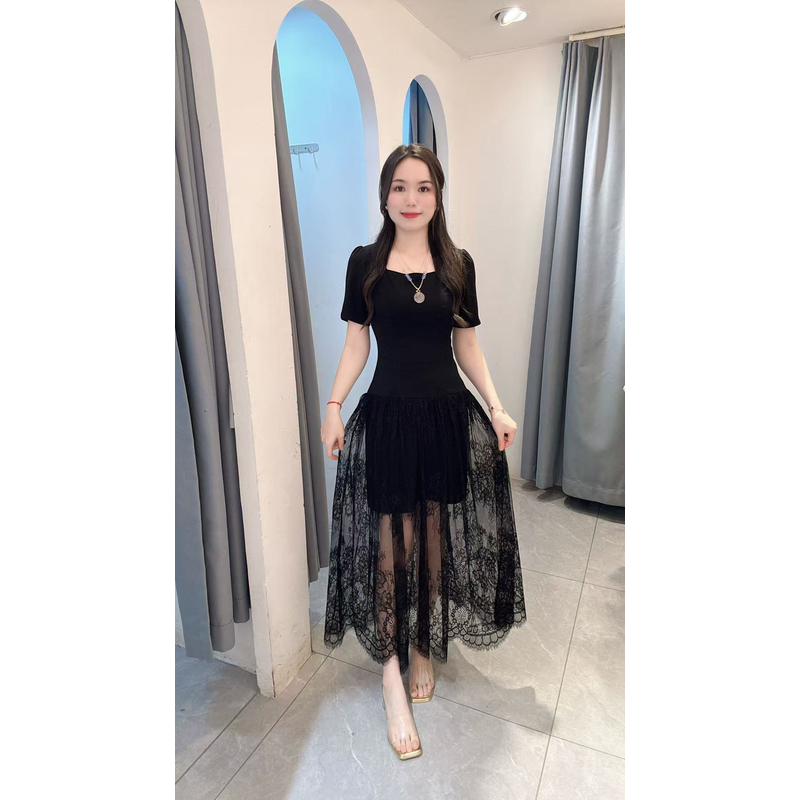 丹妮丝A字裙拼接方领夏季短袖性感中长裙显瘦减龄洋气连衣裙