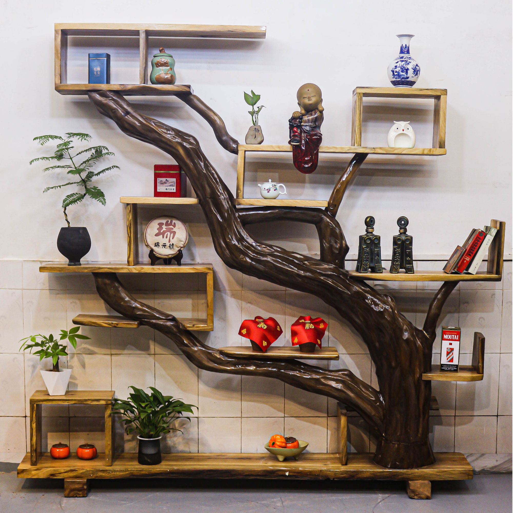 风香樟木实木博古架茶叶展示柜大树收纳柜原木多宝阁置物架储物架