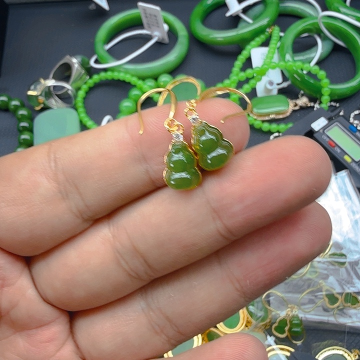 和田玉（碧玉）耳饰银S925镀金镶嵌