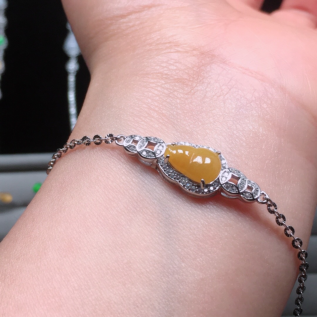 天然缅甸翡翠A货925银镶嵌冰种冰黄葫芦手链