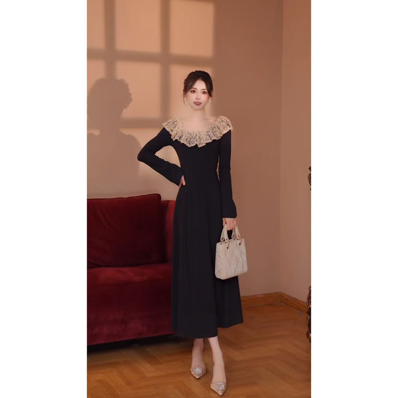 【瑞瑞定制】无拉链法式赫本风长袖连衣裙2025秋冬蕾丝长裙D4268