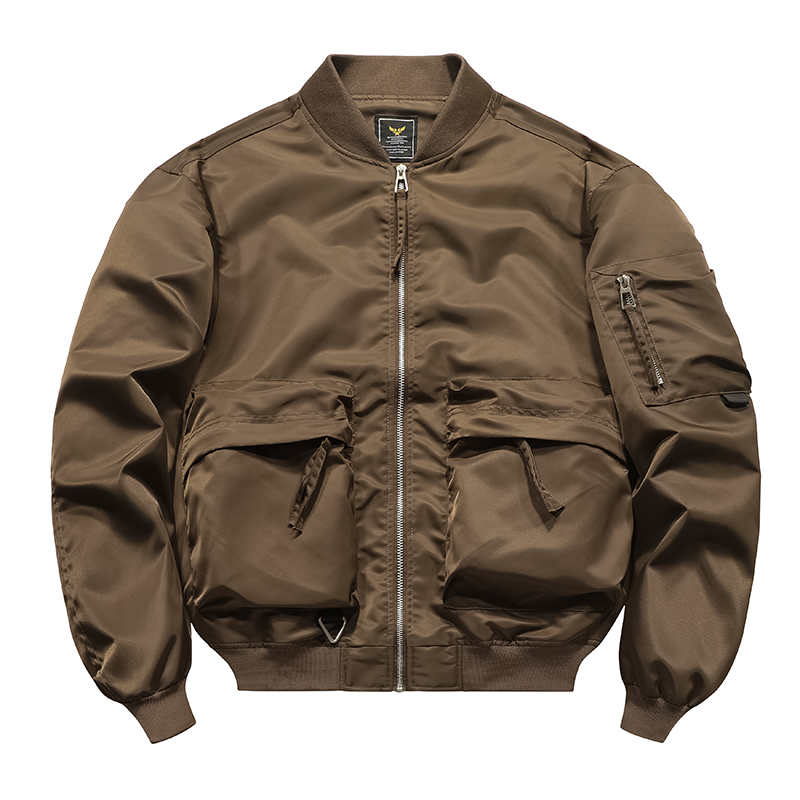 春季美式休闲飞行工装夹克男士复古纯色棒球领百搭多口袋新款外套