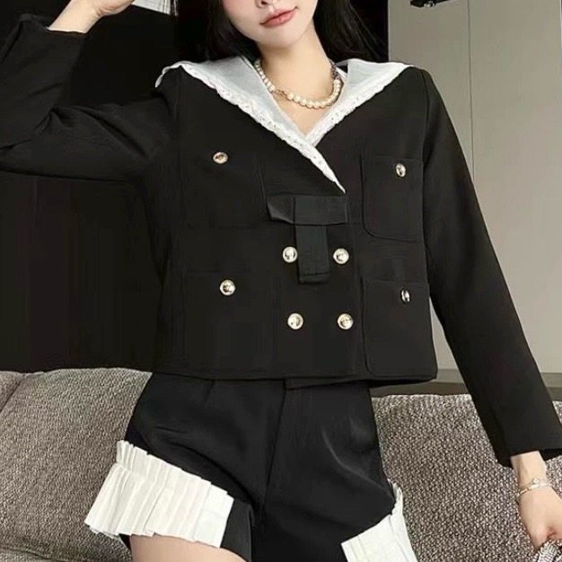 99新 MIU MIU/缪缪 海军领蕾丝羊毛外套 42码 A00063