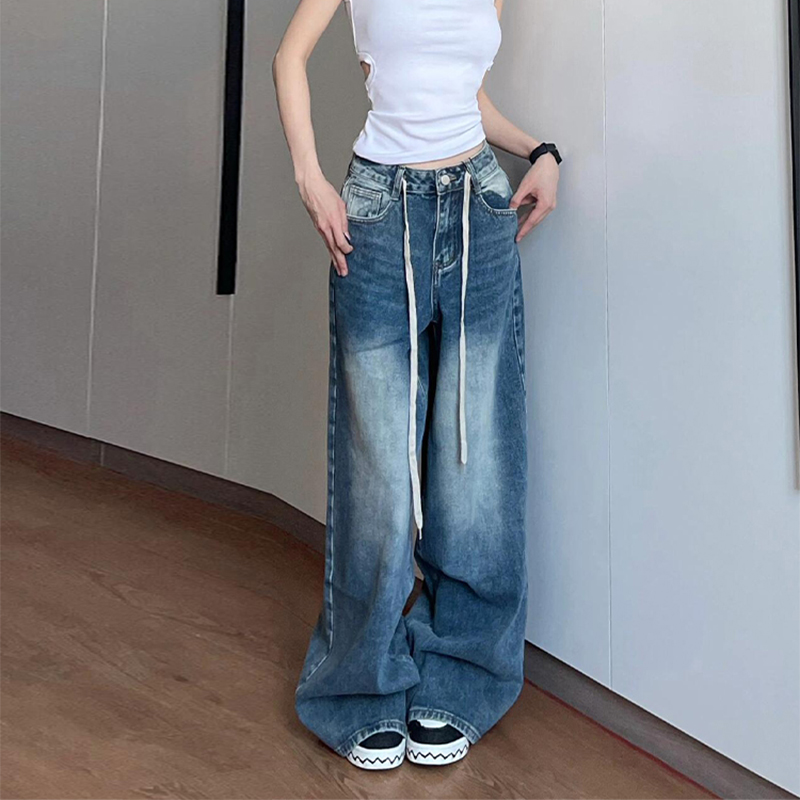 小众高腰牛仔裤鱼骨裤宽松复古微弹力水洗设计感拖地裤长裤薄款女