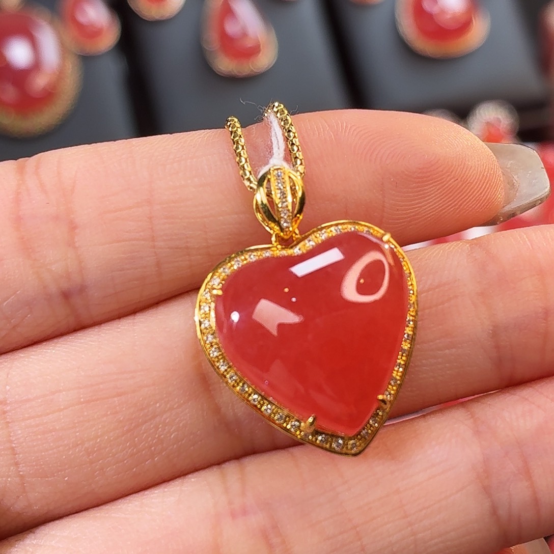 菱锰矿（红纹石）18K金镶嵌吊坠(不含链)