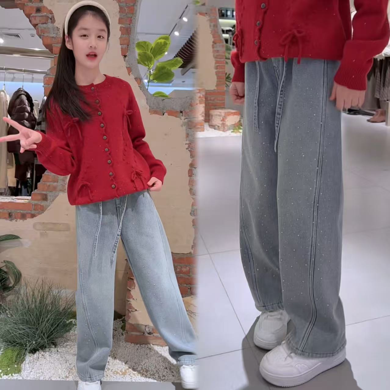 女童年货款波浪边亮片时尚开衫毛衣中大童小香风时髦冬季针织衫