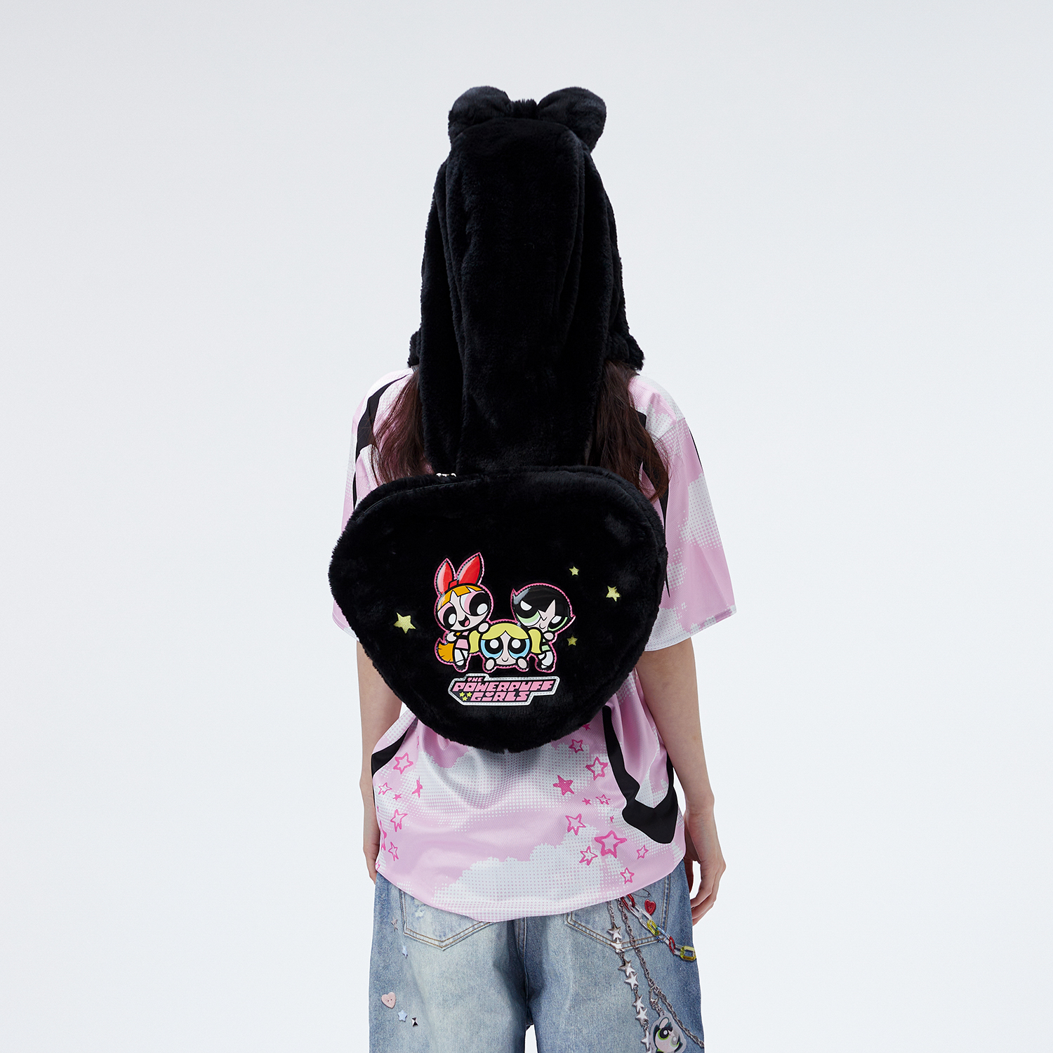 【飞天小女警联名】WHOOSIS毛绒立体爱心双肩包卡通个性二次元动漫