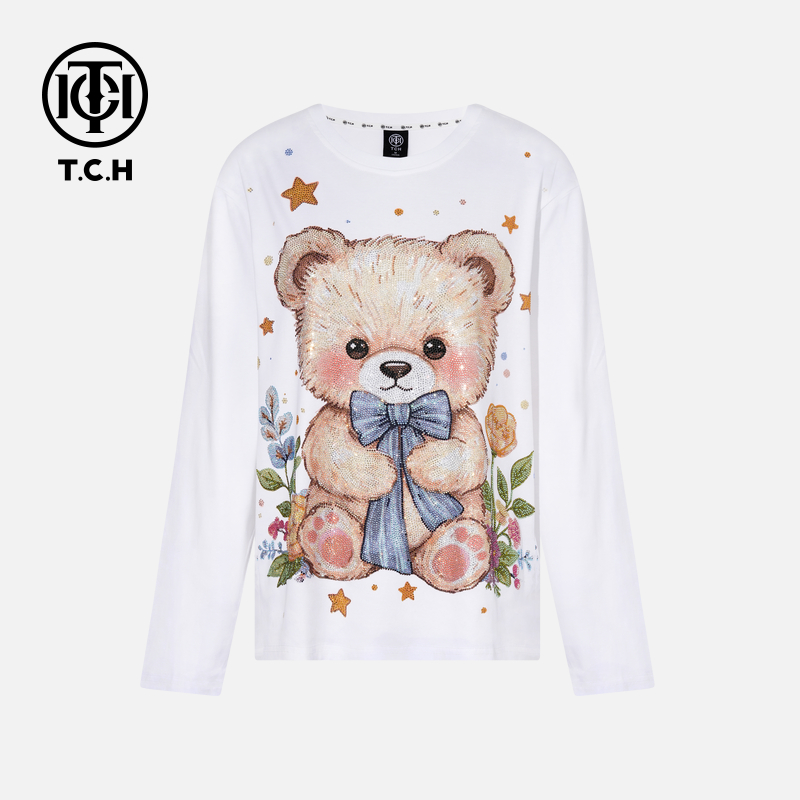 TCH轻奢秋季时尚可爱风卡通烫钻白色长袖女T恤T75C08E9010tch