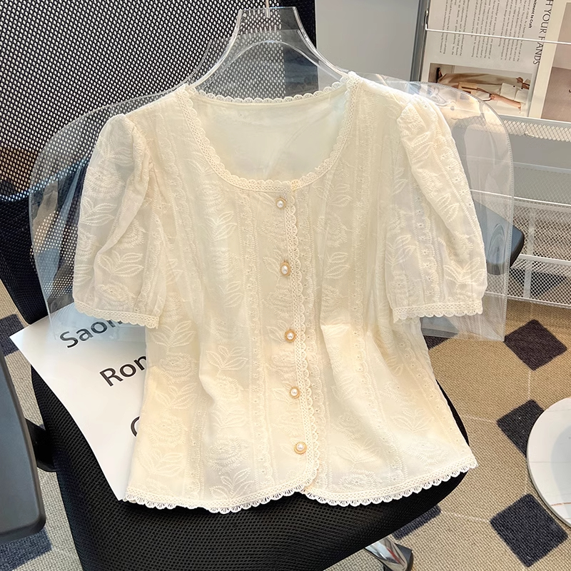 La babite小香风蕾丝上衣女2025年夏季新款短袖舒适感泡泡袖小衫