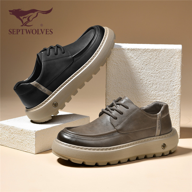 七匹狼男鞋新款2025秋季复古厚底耐磨休闲皮鞋工装鞋低帮软底0024