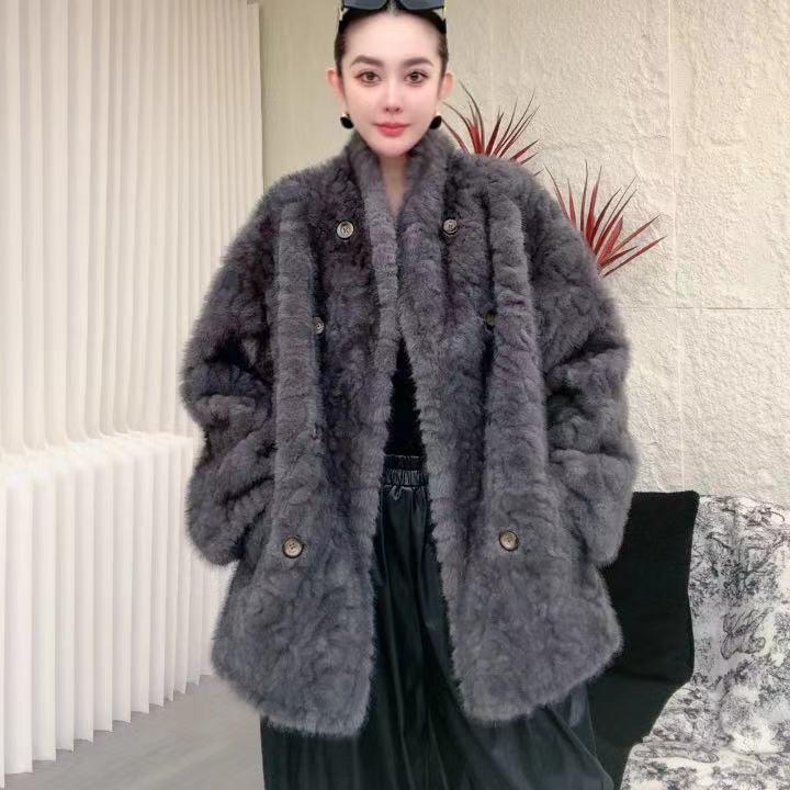 人造皮草 LEDS 25930秋冬显贵款双排扭扣两面穿宽松大衣