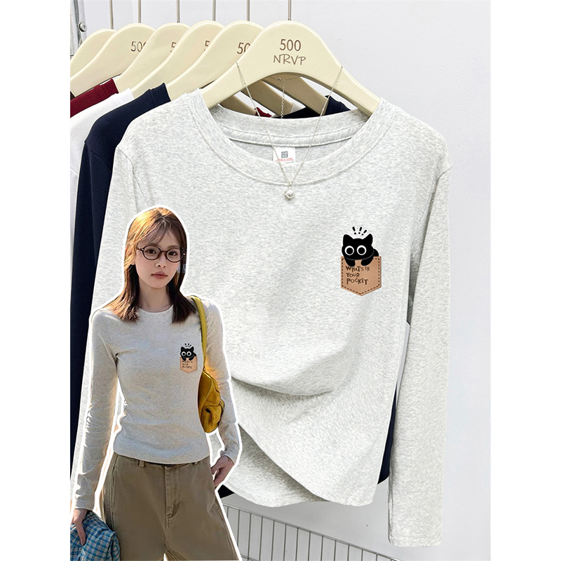 圆领猫咪印花秋冬新款大码女装正肩休闲小众弹力修身长袖t恤女ins